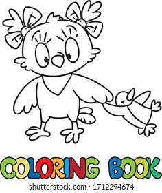 Coloring book of little funny owl with a doll