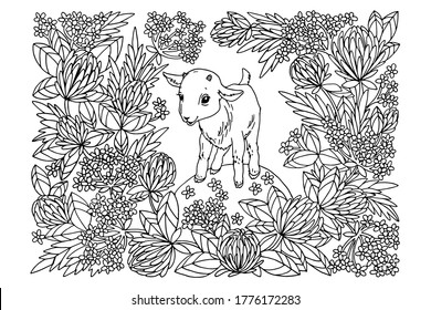 coloring book, little goat in clover colors, hand drawn, doodle, sketch, black and white, vector illustration, for children, for adults