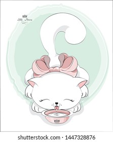 coloring book, the little kitten princess, cat, drinks milk from a bowl, eats