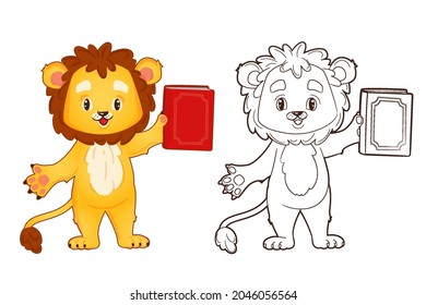 Coloring book little lion is holding a book. Vector illustration for kids in cartoon style, black and white line art