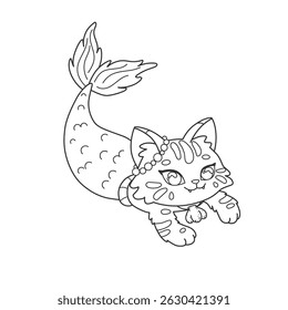 Coloring book with little mermaid cat among bubbles. Cute fantasy character for coloring. Kawaii animal underwater. Cartoon vector illustration, black outline