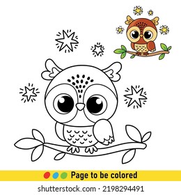 Libro de colorear con un pequeño búho al estilo de las caricaturas. Ilustración en blanco y negro con un ave forestal para el desarrollo de los niños.