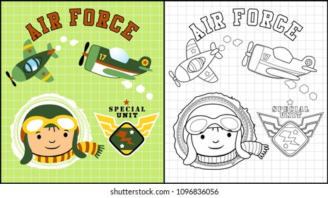 Coloring book of little pilot with military planes