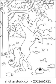 Coloring book with a little pony. Coloring book for children. Horse on the background of the garden.