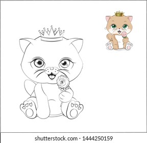 Coloring book, the little prince a cat, a kitten, in a crown, gives a red rose