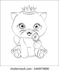 Coloring book, the little prince a cat, a kitten, in a crown, gives a red rose
