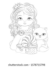 Coloring book little princess baby girl In crown and cat with gift. Picture in hand drawing style for baby shower. Greeting card, party invitation, fashion clothes t-shirt print