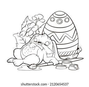 Coloring book The little rabbit is tired of painting an Easter egg and fell asleep next to the basket.Vector illustration in a cartoon style, black and white line art