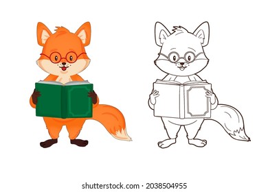 Coloring book, little red fox with glasses reads a book. Vector illustration for children in cartoon style, line art