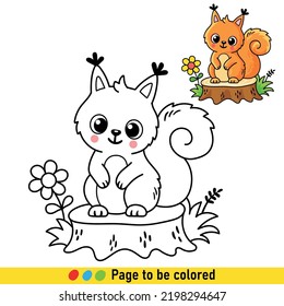 Coloring book with a little squirrel in cartoon style. Black and white illustration with an animal for the development of children.