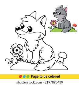 Libro de colores con lobo pequeño al estilo de las caricaturas. Ilustración en blanco y negro con un animal forestal para el desarrollo de los niños.