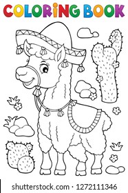 Coloring book llama in sombrero - eps10 vector illustration.