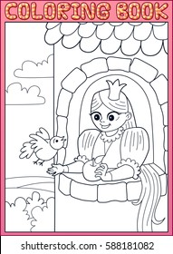 Coloring book. Long hair little princess Rapunzel in a stone tower