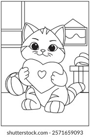 Coloring book love cute cat pose with heart shape valentine