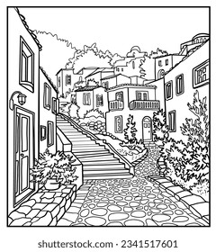 Coloring book . Lovely cozy old seaside street . Vector art line background.