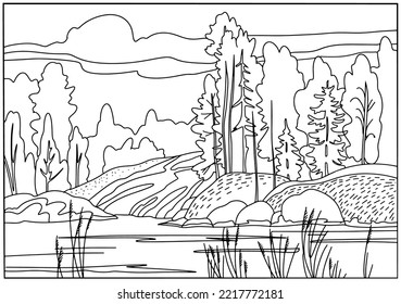Coloring book . Lovely landscape, river and forest. Vector art line background.