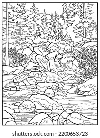 Coloring book . Lovely landscape, rocks and river. Vector art line background.