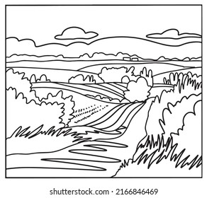 Coloring book . Lovely landscape. Vector art line background.