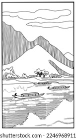 Coloring book . Lovely landscape,mountains and boats on the river. Vector art line background.
