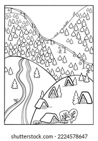 Coloring book . Lovely landscape,mountains and village in winter valley. Vector art line background.