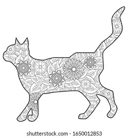 Coloring book Magic cat for adults. Hand drawn artistically ethnic ornament with patterned illustration.