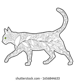 Coloring book Magic cat for adults. Hand drawn artistically ethnic ornament with patterned illustration.