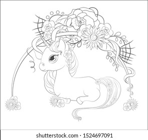 Coloring book, Magic unicorn in the flower garden. The picture in hand drawing style, can be used for t-shirt print, wear fashion design, greeting card.