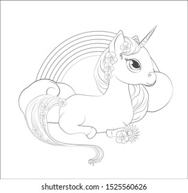 Coloring book, Magic unicorn and rainbow The picture in hand drawing style, can be used for t-shirt print, wear fashion design, greeting card.