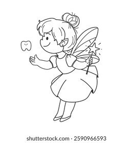 Coloring book with magical tooth fairy. Cartoon fairytale character for coloring. Vector illustration