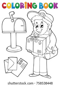 Coloring book mailman delivering box - eps10 vector illustration.