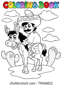 Coloring book with man riding donkey - vector illustration.