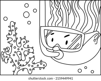 Coloring Book - A Man Is Snorkeling. Illustration - The Guy Swims Under The Surface Of The Water With A Mask And A Breathing Tube. Close-up.