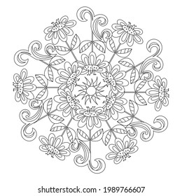 Coloring book, mandala, abstract elements, flower pattern . For adults and older children. Ornate hand-drawn vector illustration.