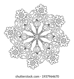 Coloring book. Mandala, artistic creativity and nature. Clouds of flowers and art Brushes. Vector illustration.