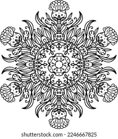 Coloring book with mandala. Mandala with decorative leaves, stamens and flowers with a black line on a white background in cartoon style. Decorative illustration for coloring and rest