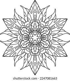 Coloring book with mandala. Mandala with decorative leaves, stamens and flowers with a black line on a white background in cartoon style. Decorative illustration for coloring and rest