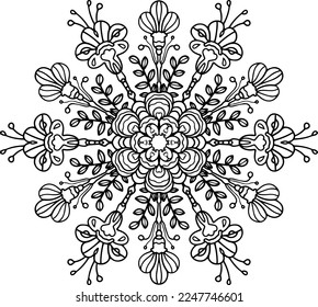 Coloring book with mandala. Mandala with decorative leaves, stamens and flowers with a black line on a white background in cartoon style. Decorative illustration for coloring and rest