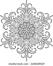 Coloring book with mandala. Mandala with decorative leaves, stamens and flowers with a black line on a white background in cartoon style. Decorative illustration for coloring and rest