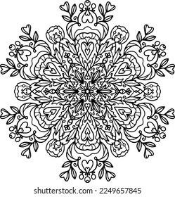 Coloring book with mandala. Mandala with decorative leaves, stamens and flowers with a black line on a white background in cartoon style. Decorative illustration for coloring and rest