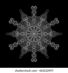 Coloring book mandala. Decorative round ornaments. Weave design elements. Black background.