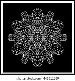 Coloring book mandala. Decorative round ornaments. Weave design elements. Black background.