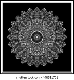 Coloring book mandala. Decorative round ornaments. Weave design elements. Black background.