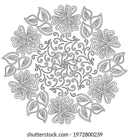 Coloring book, mandala, flower pattern . For adults and older children. Ornate hand-drawn vector illustration.