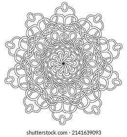 Colorando la mandala del libro con un patrón de encaje. Ilustración vectorial en blanco y negro dibujada a mano.