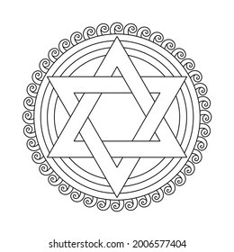 Livre de coloriage étoile juive de David. Mandala avec six étoiles pointues. Illustration vectorielle