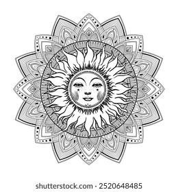 Coloring book mandala sun with face, linear drawing for adults, meditation and calm. Vector illustration of the universe, isolated on white background.