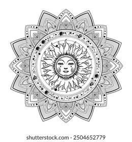 Coloring book mandala with sun, linear drawing for adults, meditation and calm. Vector illustration of the universe, isolated on white background.