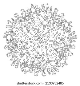 Coloring book mandala with tangled ribbon. Hand drawn black and white vector illustration.