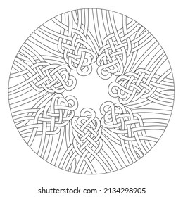 Coloring book mandala with tangled rope. Hand drawn black and white vector illustration.
