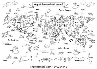 Colorando el mapa de libros del mundo. ¡artoon globo con animales! Ilustración vectorial dibujada a mano en blanco y negro. Océanos y continente: América del Sur, Eurasia, América del Norte, África, Australia